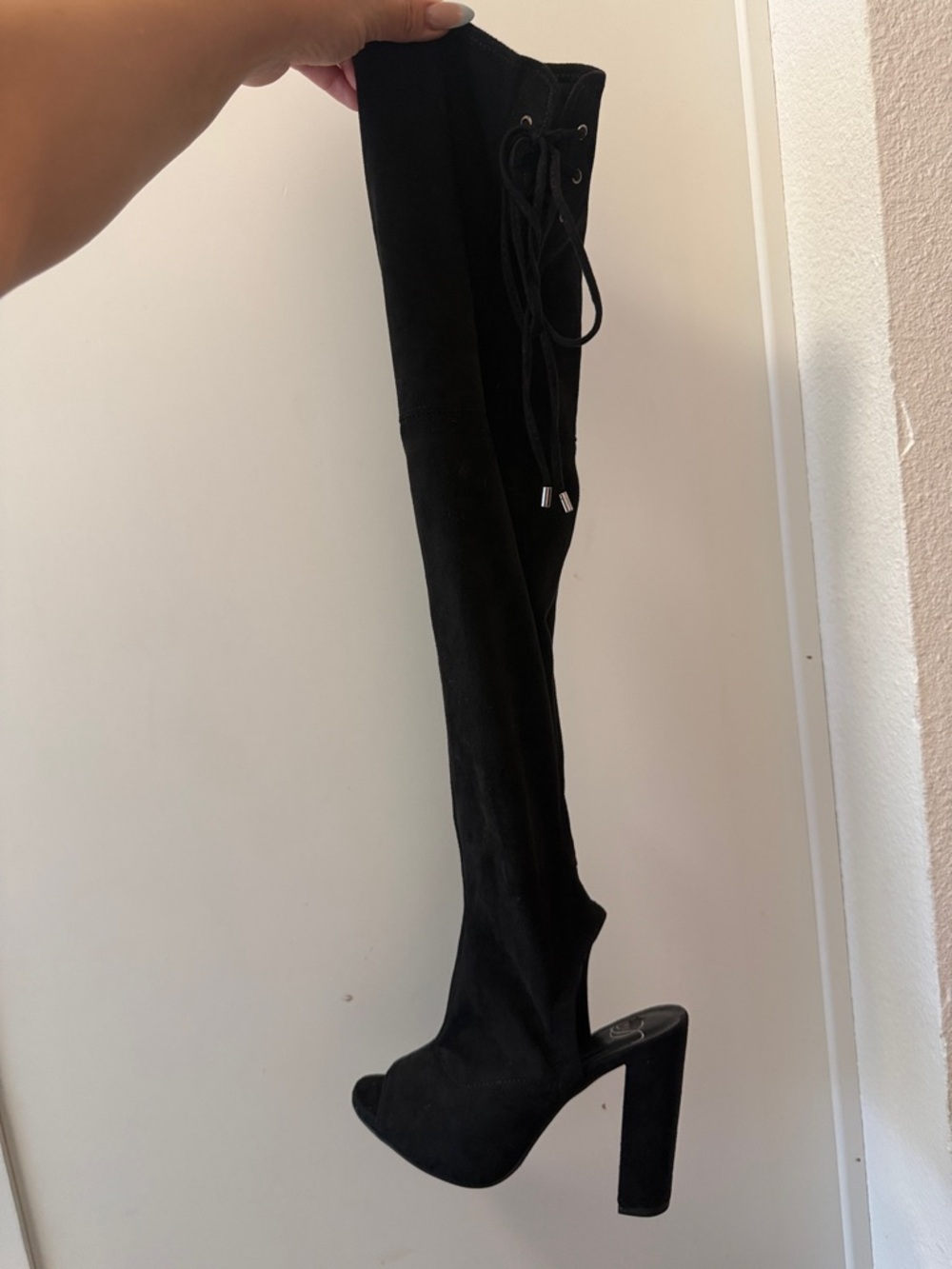 Black Over-the-Knee Peep-Toe Block Heel Boots